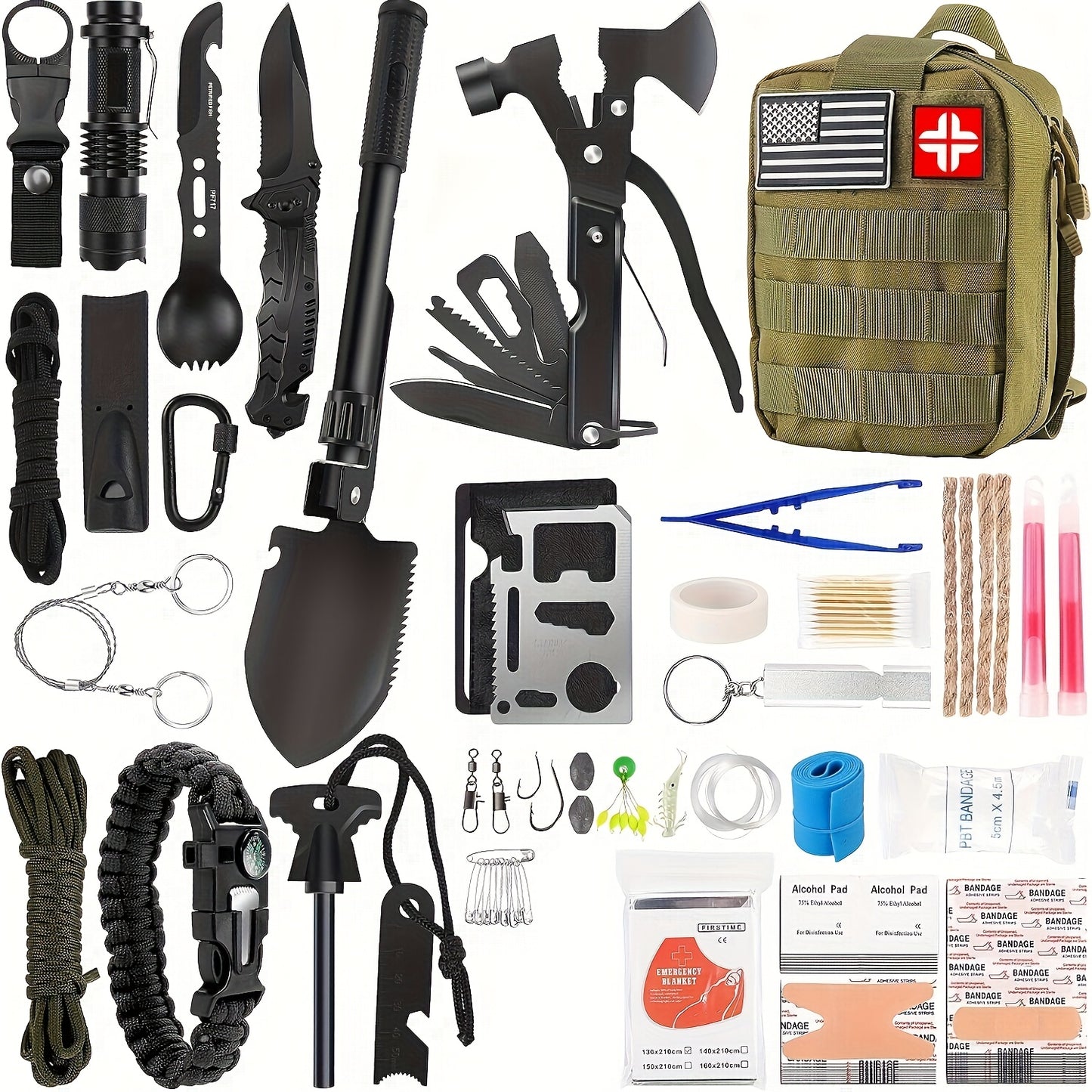 Survival, 37/142/170pcs Professional Survival Gear And Equipment With Molle Pouch.Outdoor Shovel. Outdoor Multifunctional Tool.for Men Dad Husband Who Likes Camping Outdoor Adventure