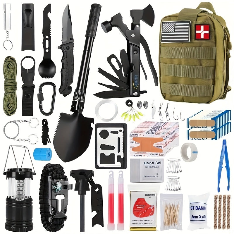 Collection of survival tools including knives, axes, and first aid kits on a white background.