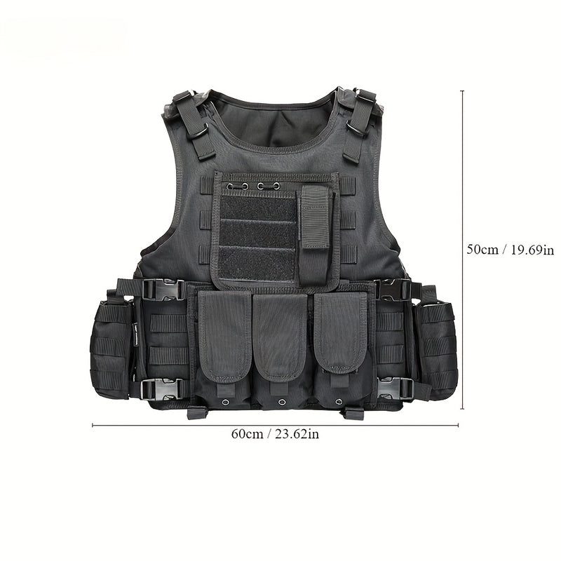 [Tactical Survival Vest] Lightweight Adjustable 1pc Multifunctional Tactical Survival Vest with MOLLE Webbing, Durable Polyester, Black, for Camping, Fishing, Hunting, Outdoor Training, and Adventure, Perfect Gift for Men, Ca