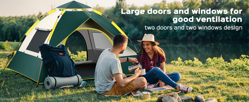 [Automatic Camping Tent] LOVEWE 2-3/3-4 Person Automatic Instant Setup Camping Tent | All-Season Waterproof Windproof Lightweight Green/Yellow Tent with Dual Doors & Mesh Windows for Camping, Hiking, Hunting, Travel, Outdoor