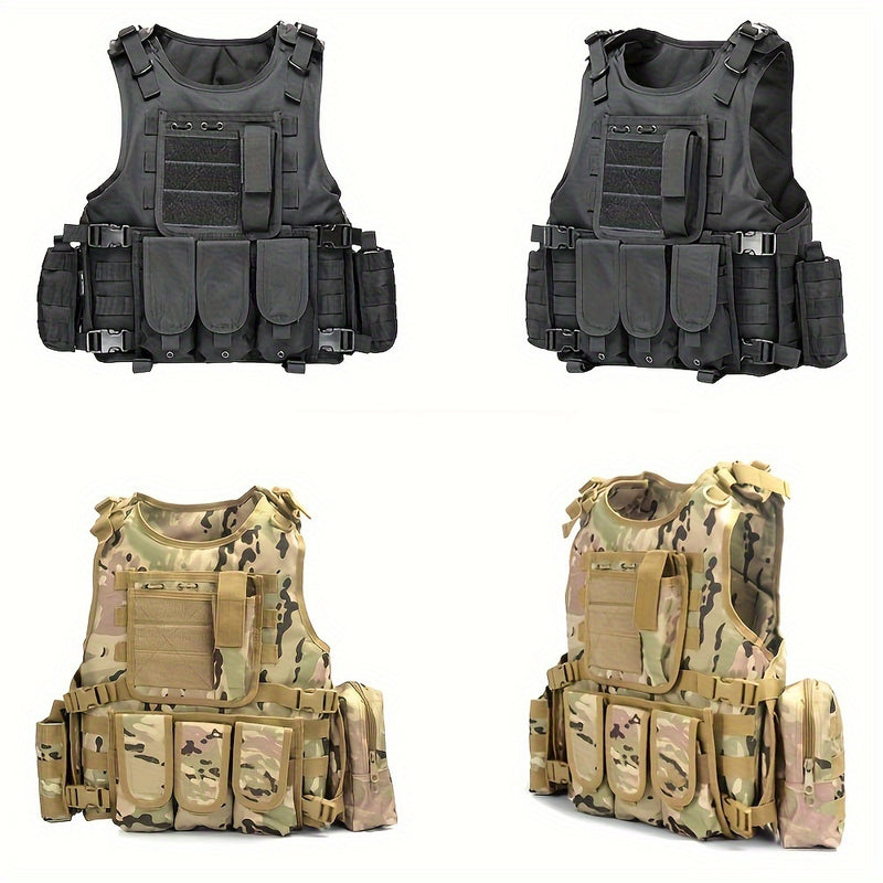 [Tactical Survival Vest] Lightweight Adjustable 1pc Multifunctional Tactical Survival Vest with MOLLE Webbing, Durable Polyester, Black, for Camping, Fishing, Hunting, Outdoor Training, and Adventure, Perfect Gift for Men, Ca