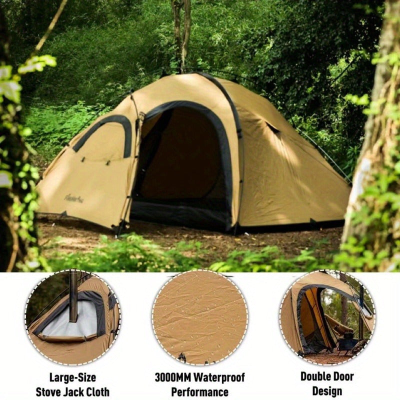 4-Season Portable Hot Tent for 1-2 People - Waterproof Polyester Camping Tent with Chimney Jack, Inner Compartment & Alloy Frame - Ideal for Hiking, Hunting & Outdoor Adventures, Beige, Camper Accessories