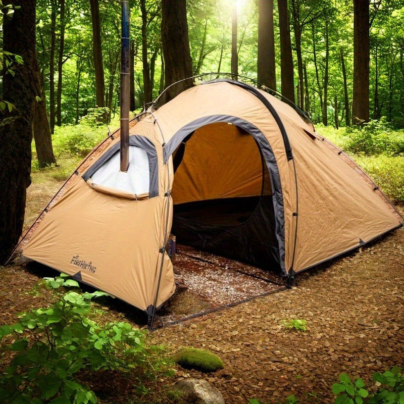 4-Season Portable Hot Tent for 1-2 People - Waterproof Polyester Camping Tent with Chimney Jack, Inner Compartment & Alloy Frame - Ideal for Hiking, Hunting & Outdoor Adventures, Beige, Camper Accessories