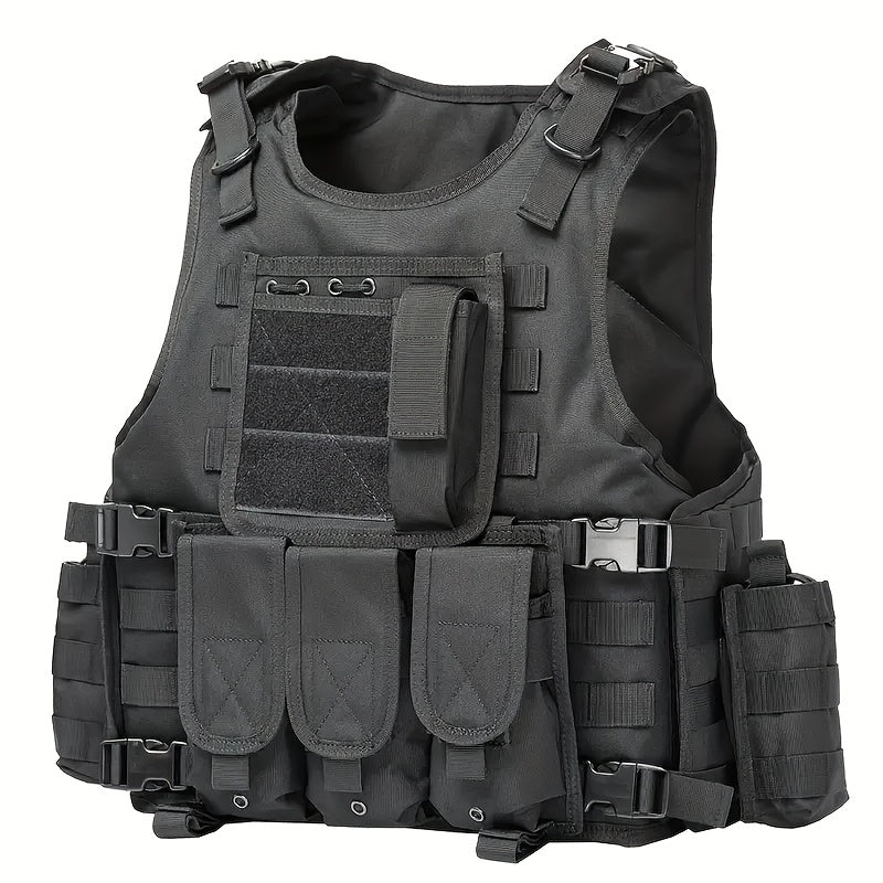 [Tactical Survival Vest] Lightweight Adjustable 1pc Multifunctional Tactical Survival Vest with MOLLE Webbing, Durable Polyester, Black, for Camping, Fishing, Hunting, Outdoor Training, and Adventure, Perfect Gift for Men, Ca