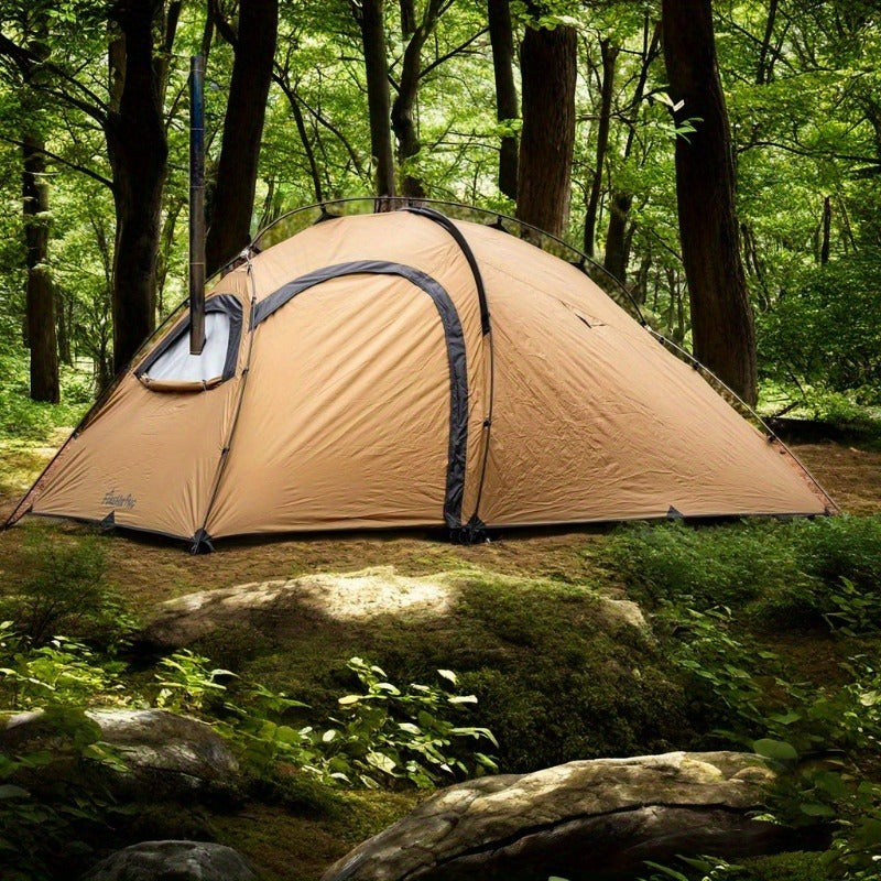 4-Season Portable Hot Tent for 1-2 People - Waterproof Polyester Camping Tent with Chimney Jack, Inner Compartment & Alloy Frame - Ideal for Hiking, Hunting & Outdoor Adventures, Beige, Camper Accessories