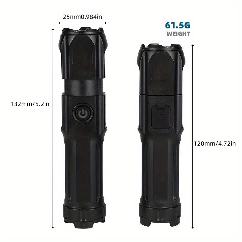 1pc Tactical Zoomable Flashlight - Rechargeable 800mAh Battery, Portable Multi-Functional Outdoor Light with Textured Grip & Dual Power Source (Battery/USB) for Home, Camping, and Emergency Use, Rechargeable Flashlight