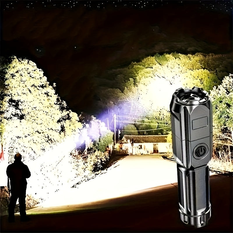 1pc Tactical Zoomable Flashlight - Rechargeable 800mAh Battery, Portable Multi-Functional Outdoor Light with Textured Grip & Dual Power Source (Battery/USB) for Home, Camping, and Emergency Use, Rechargeable Flashlight