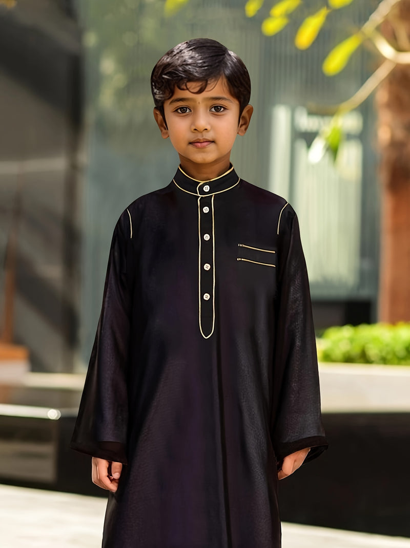 Boys Long Sleeve Half Button Solid Color Thobe with Red Hat Shemagh, Casual Ethnic Style Eid Al-Adha