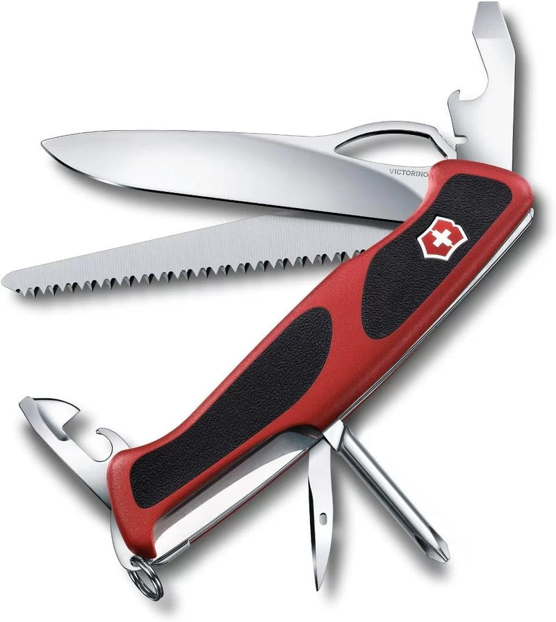 Victorinox Ranger 78 M Grip Swiss Army Knife, 12 Functions, Swiss Made Pocket Knife with Large Lock Blade, Tweezers and Wood Saw – Red/Black