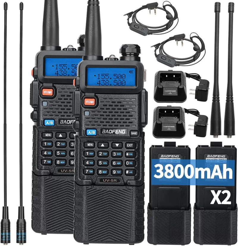 Baofeng UV-5R Ham Radio Long Range UV5R Two Way Radio Dual Band Rechargeable 3800mAh Li-ion Battery High Power Walkie Talkie with Earpiece Full Set for Survival Gear Hiking Hunting,2 Pack