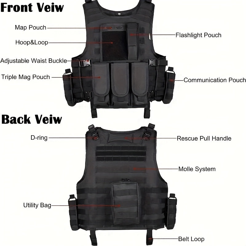 [Tactical Survival Vest] Lightweight Adjustable 1pc Multifunctional Tactical Survival Vest with MOLLE Webbing, Durable Polyester, Black, for Camping, Fishing, Hunting, Outdoor Training, and Adventure, Perfect Gift for Men, Ca