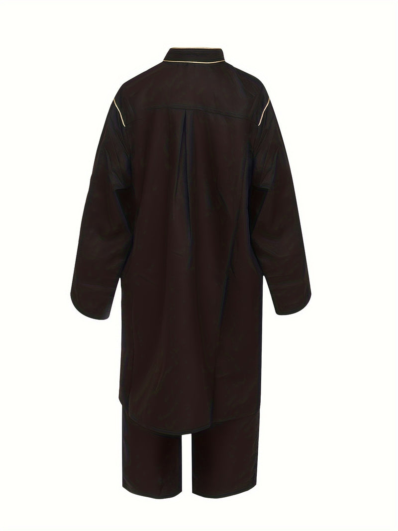 Boys Long Sleeve Half Button Solid Color Thobe with Red Hat Shemagh, Casual Ethnic Style Eid Al-Adha