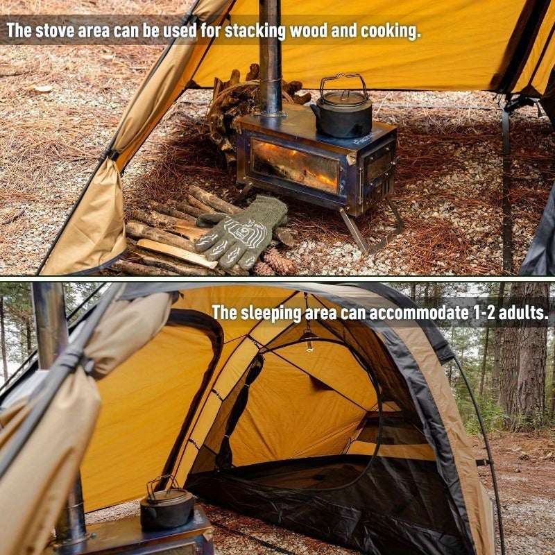 4-Season Portable Hot Tent for 1-2 People - Waterproof Polyester Camping Tent with Chimney Jack, Inner Compartment & Alloy Frame - Ideal for Hiking, Hunting & Outdoor Adventures, Beige, Camper Accessories