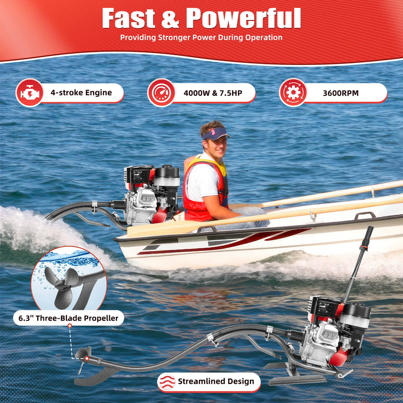 7.5HP 4 Stroke Outboard Motor 212CC 4000W 3600Rpm Gasoline Fishing Boat Engine Manual Start TCI Air-Cooling System with Bracket