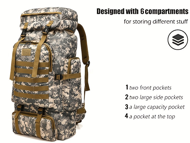 80L Tactical Backpack - Waterproof, Durable Oxford Fabric Daypack for Hiking, Hunting & Camping - Green Camo - For Outdoor Enthusiasts - Ideal for Hiking, Camping & Travel