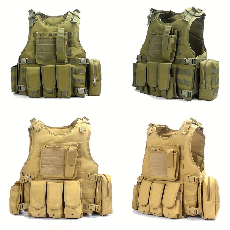 Four tactical vests in green and beige on a white background outdooradventures.company