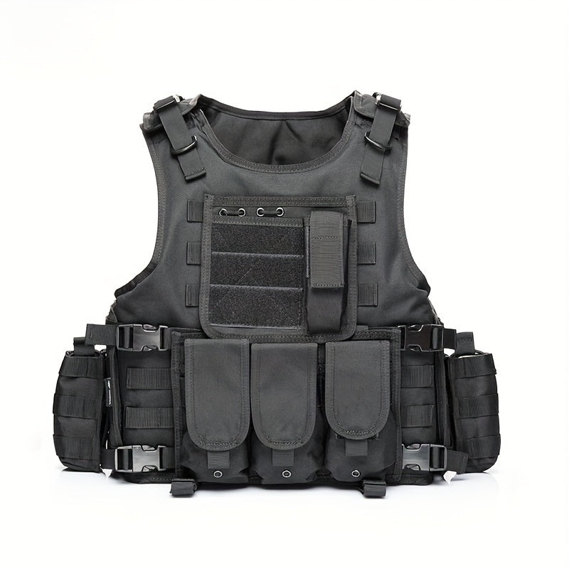 [Tactical Survival Vest] Lightweight Adjustable 1pc Multifunctional Tactical Survival Vest with MOLLE Webbing, Durable Polyester, Black, for Camping, Fishing, Hunting, Outdoor Training, and Adventure, Perfect Gift for Men, Ca