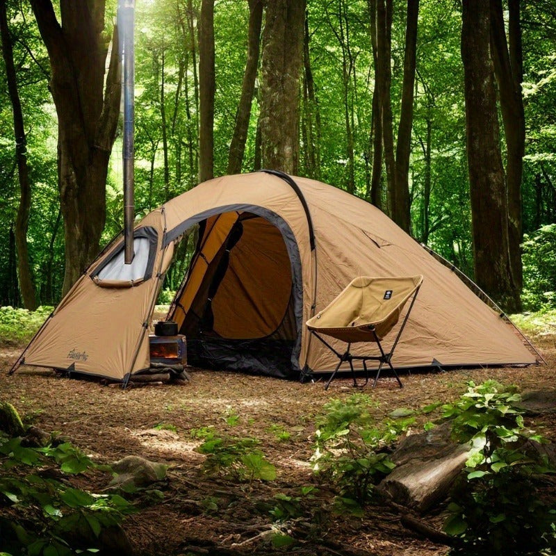 4-Season Portable Hot Tent for 1-2 People - Waterproof Polyester Camping Tent with Chimney Jack, Inner Compartment & Alloy Frame - Ideal for Hiking, Hunting & Outdoor Adventures, Beige, Camper Accessories