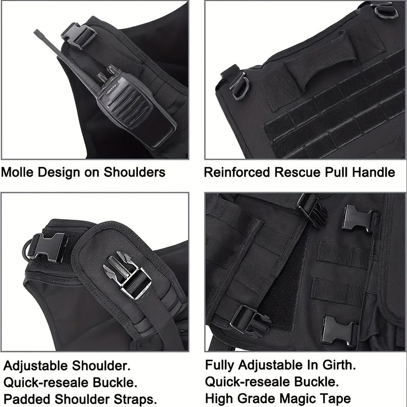 [Tactical Survival Vest] Lightweight Adjustable 1pc Multifunctional Tactical Survival Vest with MOLLE Webbing, Durable Polyester, Black, for Camping, Fishing, Hunting, Outdoor Training, and Adventure, Perfect Gift for Men, Ca