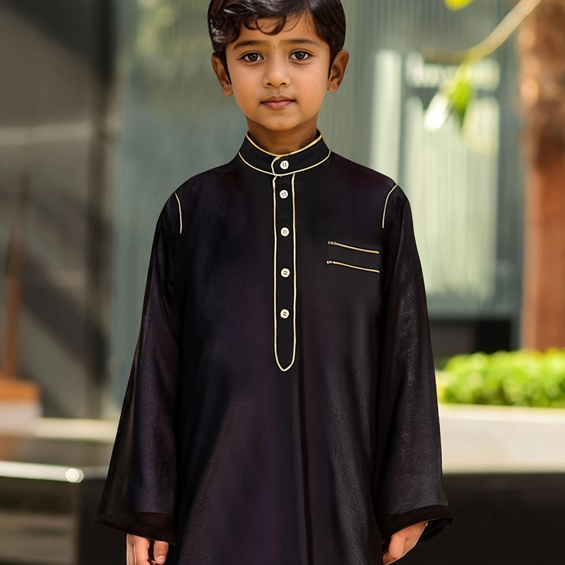 Boys Long Sleeve Half Button Solid Color Thobe with Red Hat Shemagh, Casual Ethnic Style Eid Al-Adha