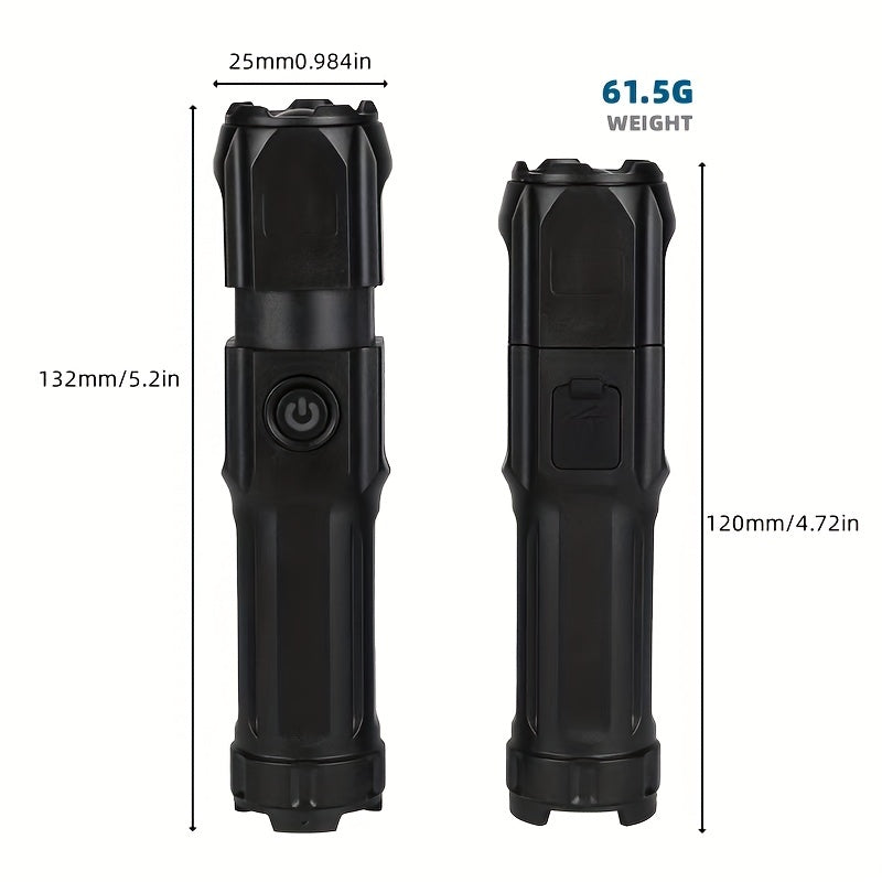 1pc Tactical Zoomable Flashlight - Rechargeable 800mAh Battery, Portable Multi-Functional Outdoor Light with Textured Grip & Dual Power Source (Battery/USB) for Home, Camping, and Emergency Use, Rechargeable Flashlight